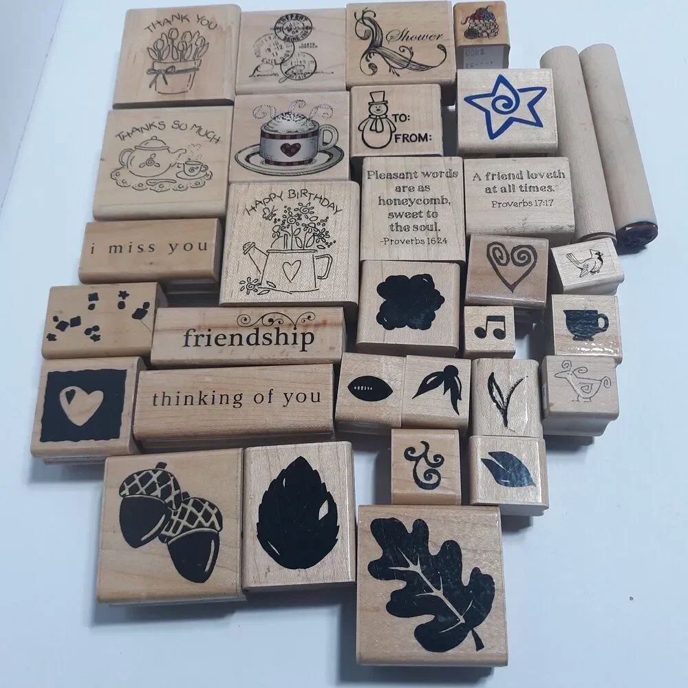 Lot of 32 Assorted Rubber Stamps Coffee Thank You Fall Holiday Words Greetings